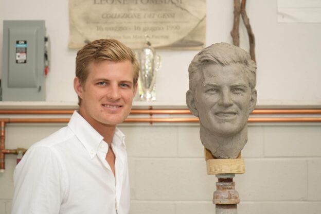 The Face Of A Winner: Indianapolis 500 Winner Marcus Ericsson Meets Himself During Borg-Warner Trophy Sculpting Session